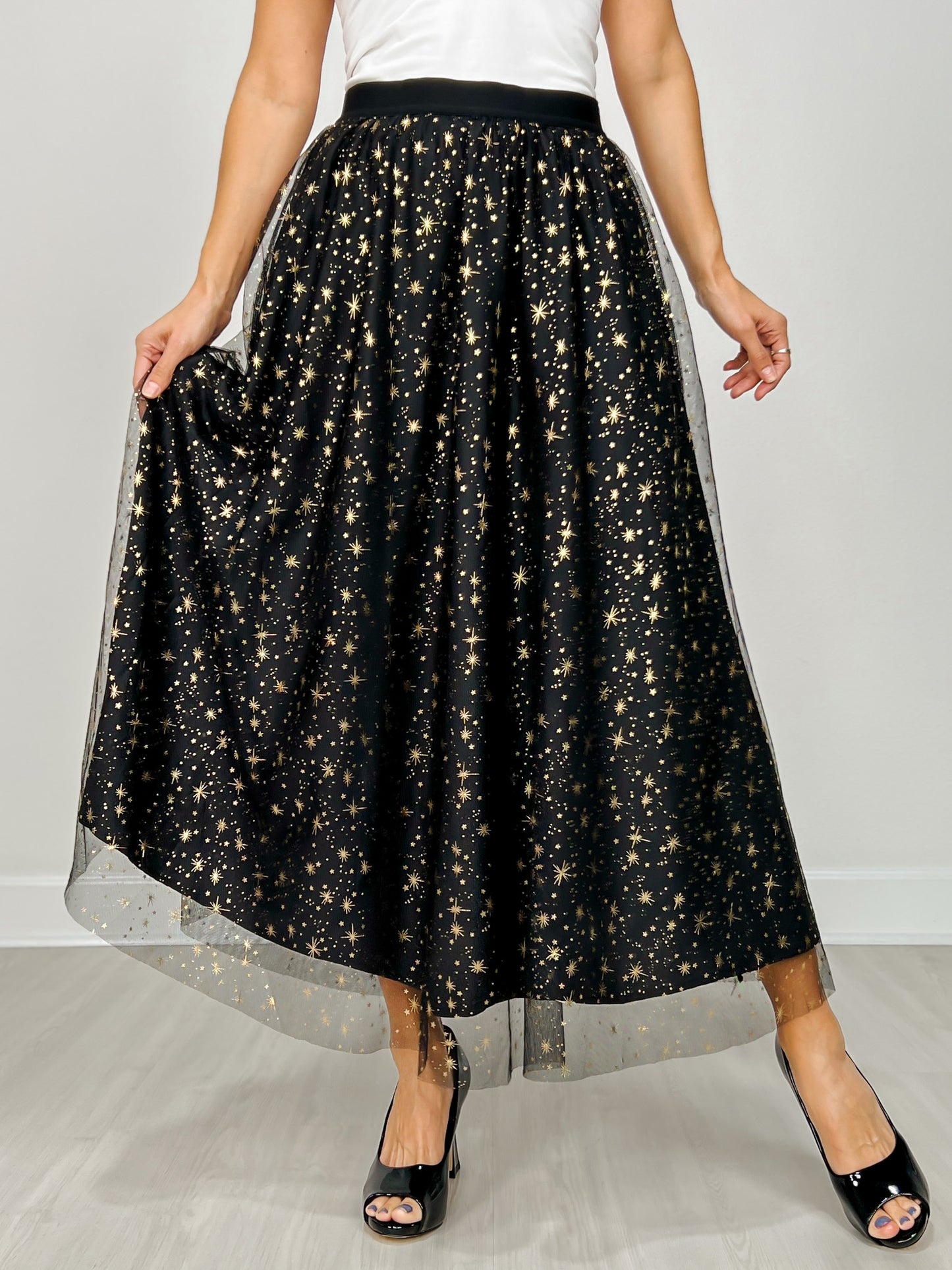 Mesh Gold Detail Star Printed Long Skirt