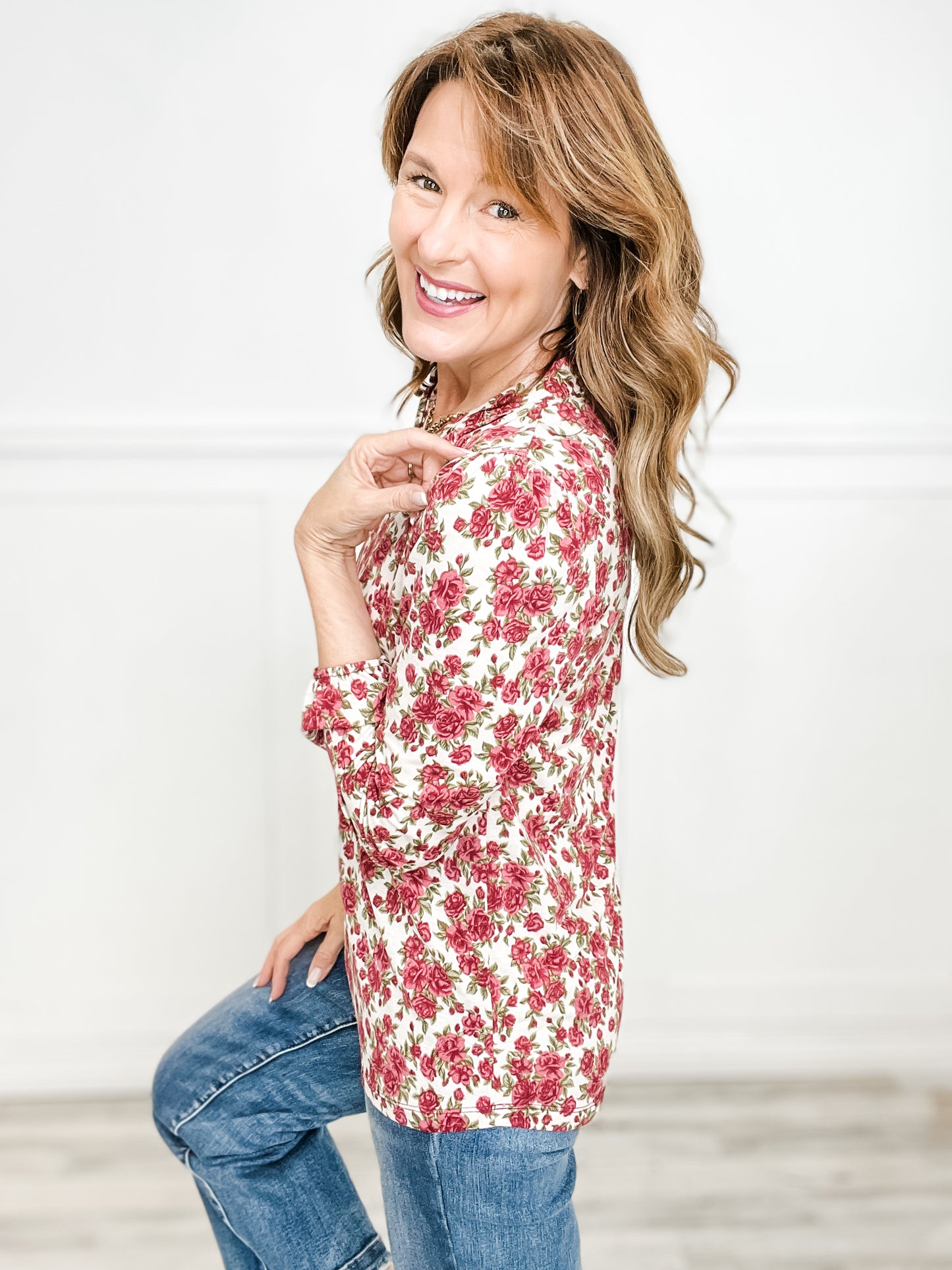 Long Sleeve Wrinkle Free Floral Print Top with Split Neckline