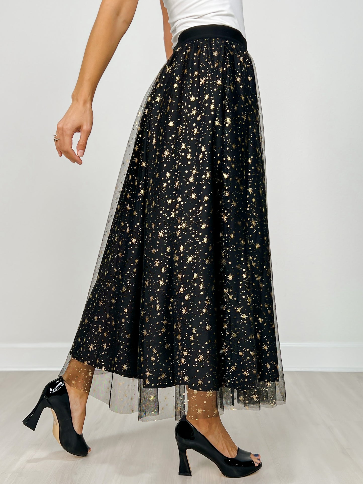 Mesh Gold Detail Star Printed Long Skirt