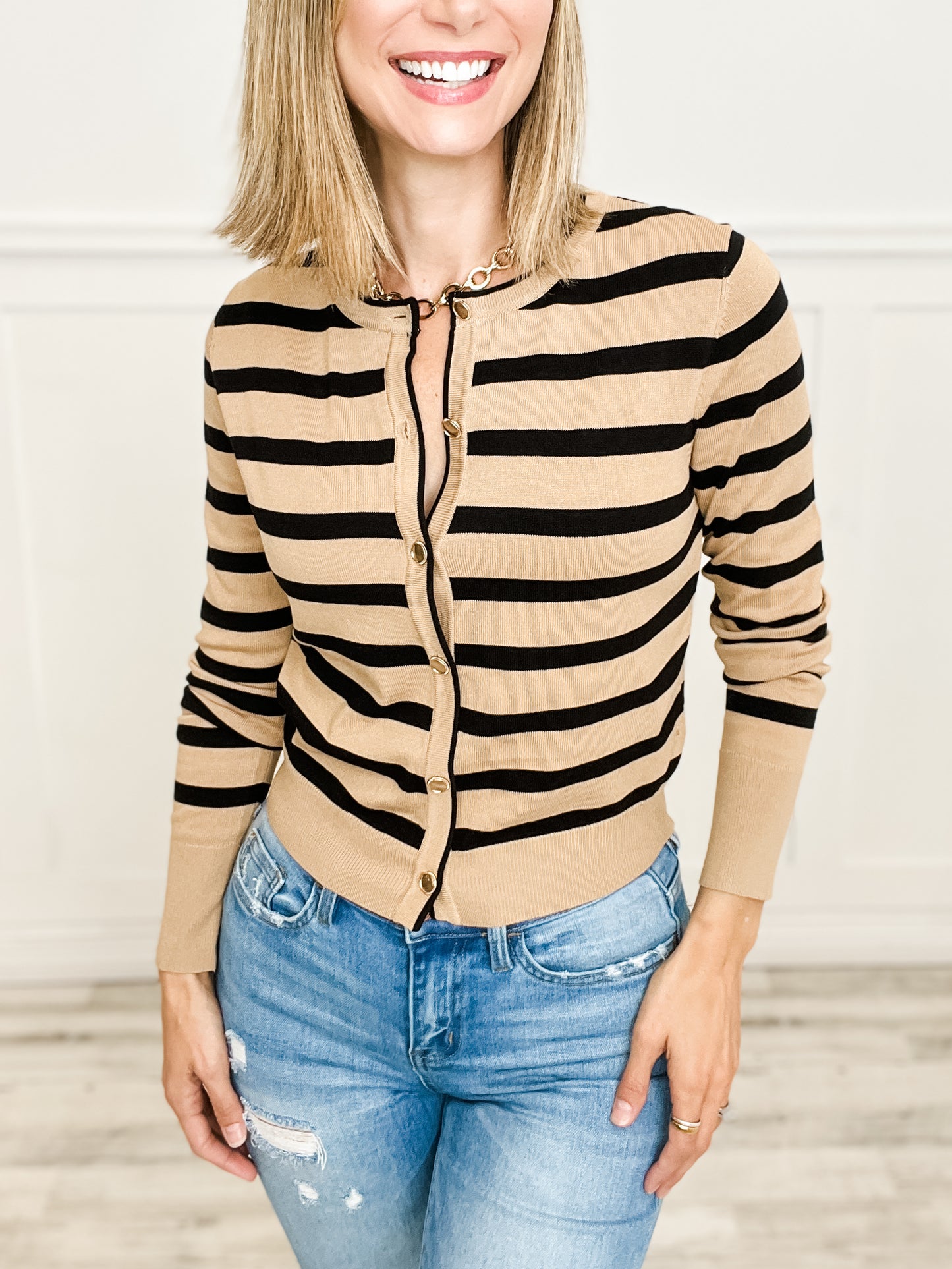 Lightweight Striped Cardigan Top with Gold Buttons Closure