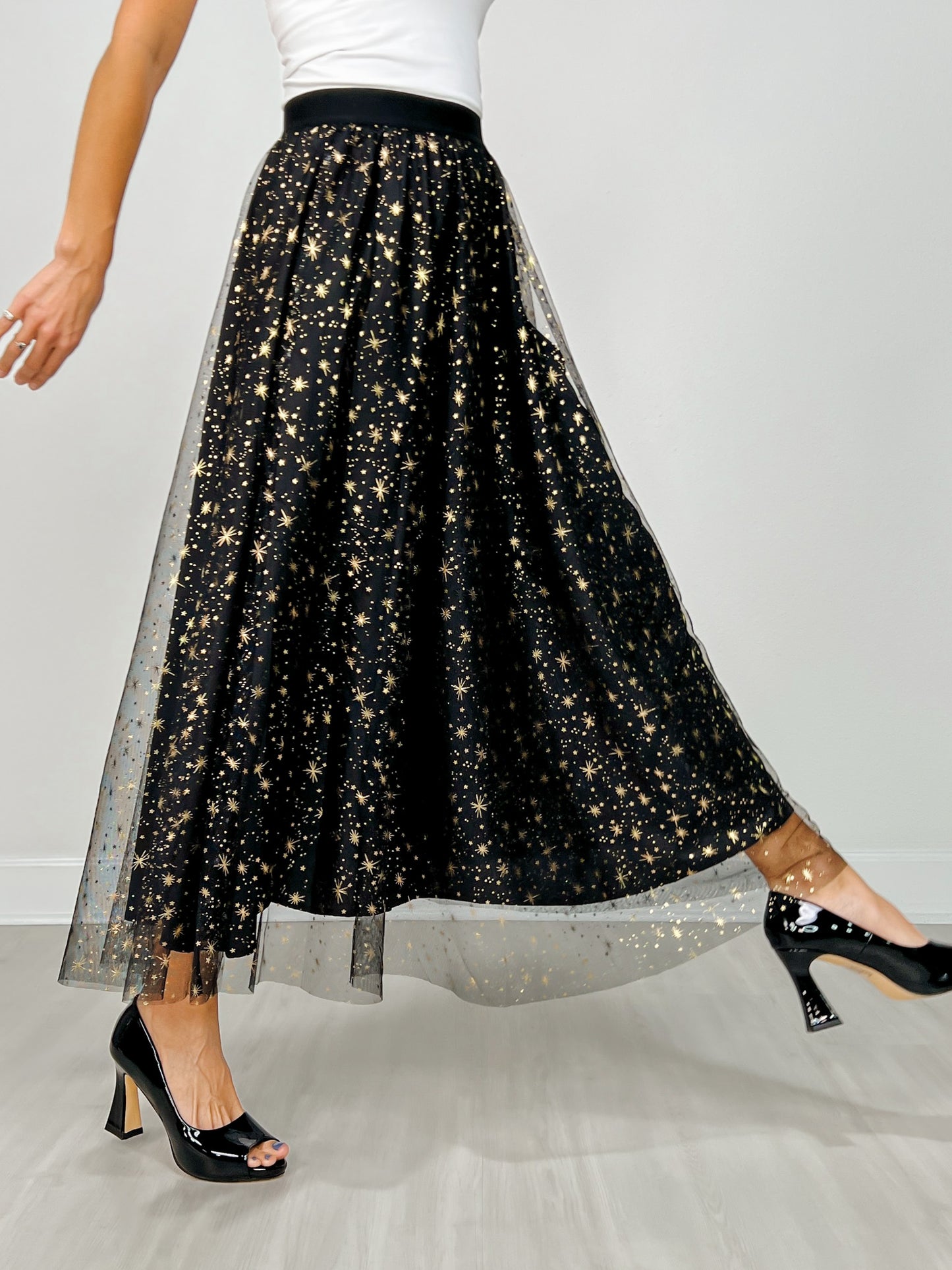 Mesh Gold Detail Star Printed Long Skirt