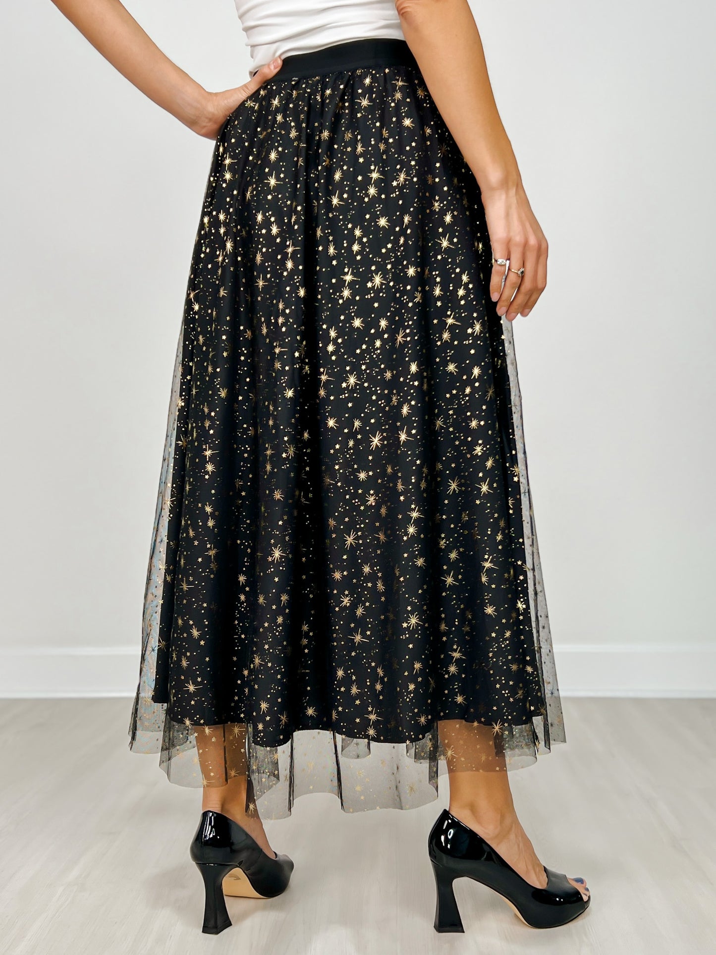 Mesh Gold Detail Star Printed Long Skirt