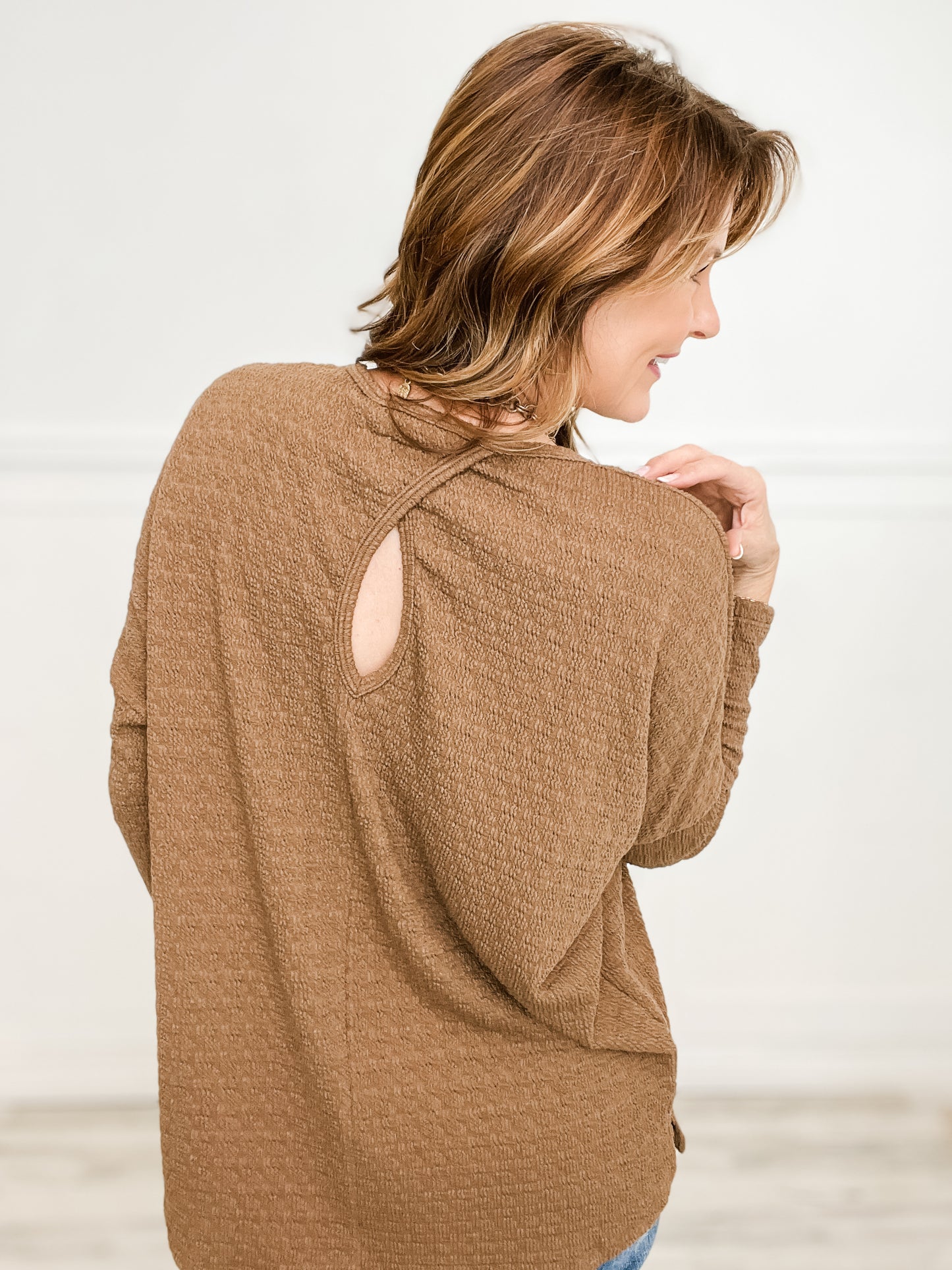 Textured Long Sleeve Sweater with Back Keyhole Detail