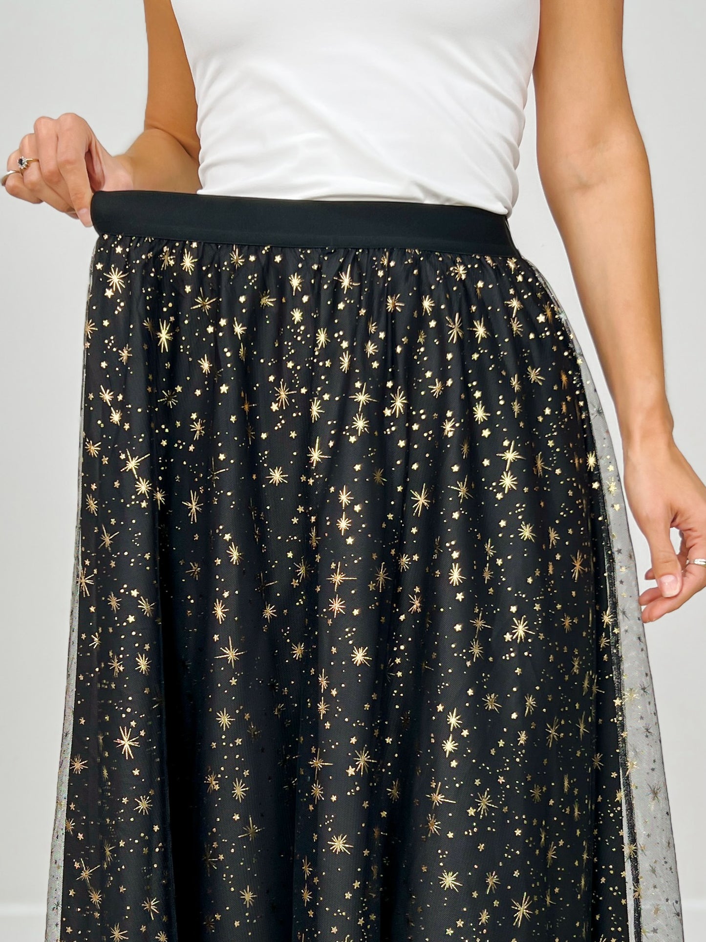 Mesh Gold Detail Star Printed Long Skirt