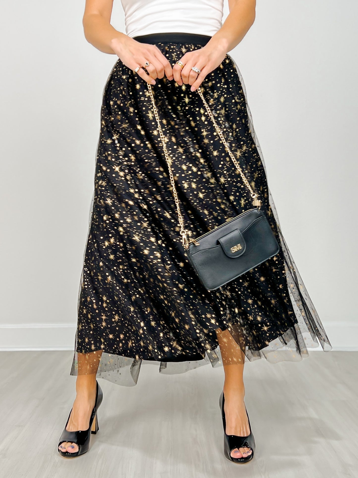 Mesh Gold Detail Star Printed Long Skirt