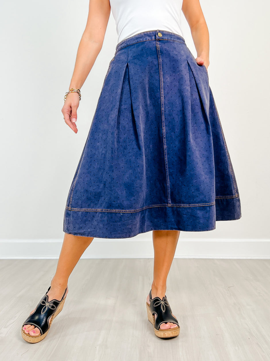 Washed Polka Dot Printed Denim Midi Skirt