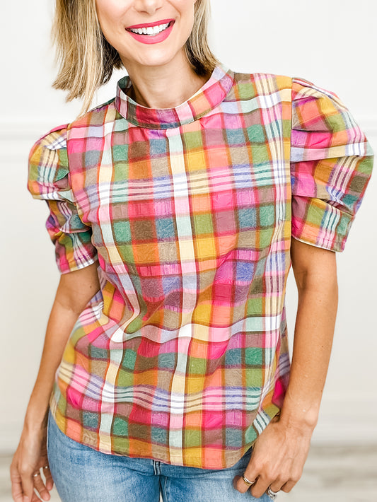 Wish Upon A Star Short Puff Sleeve Plaid Top