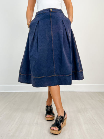 Washed Polka Dot Printed Denim Midi Skirt