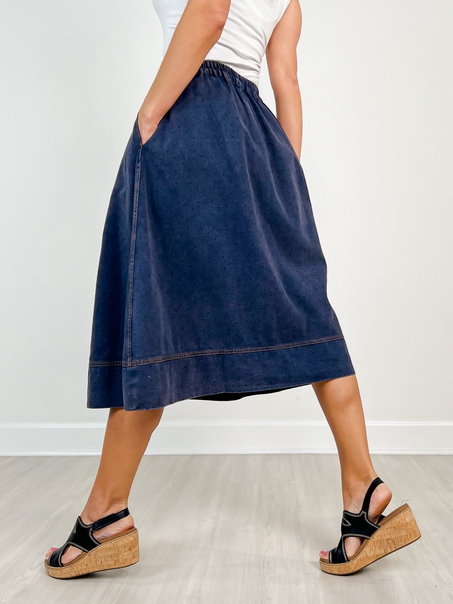 Washed Polka Dot Printed Denim Midi Skirt