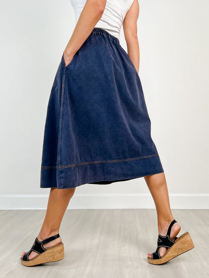 Washed Polka Dot Printed Denim Midi Skirt
