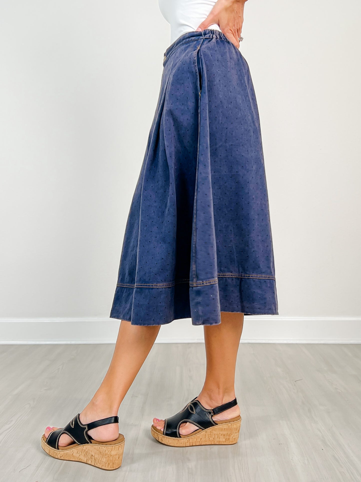 Washed Polka Dot Printed Denim Midi Skirt
