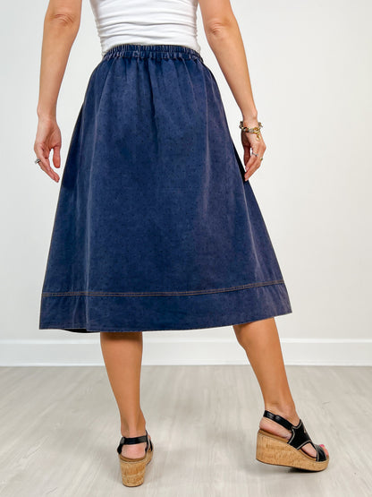 Washed Polka Dot Printed Denim Midi Skirt