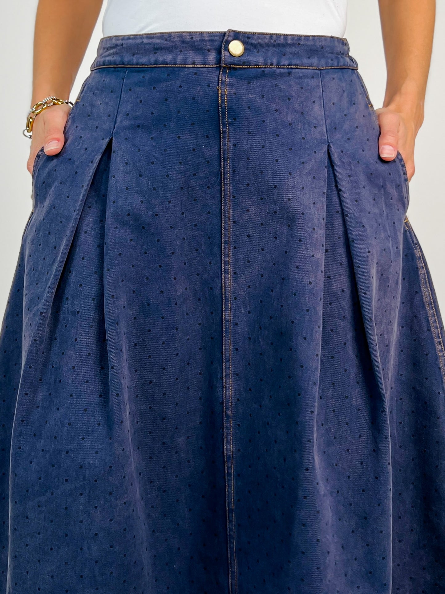 Washed Polka Dot Printed Denim Midi Skirt