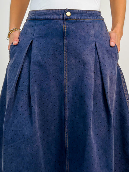 Washed Polka Dot Printed Denim Midi Skirt