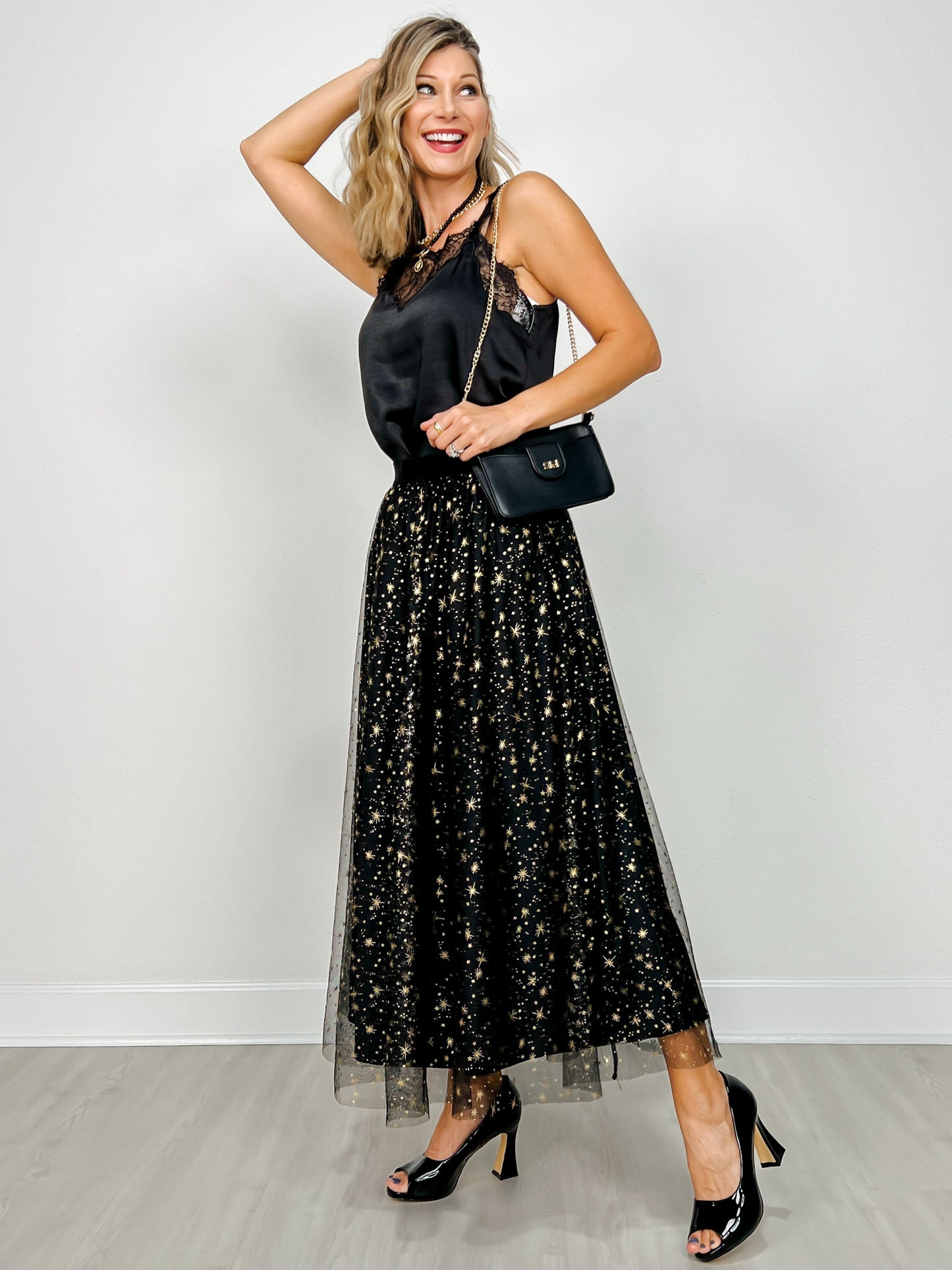 Mesh Gold Detail Star Printed Long Skirt