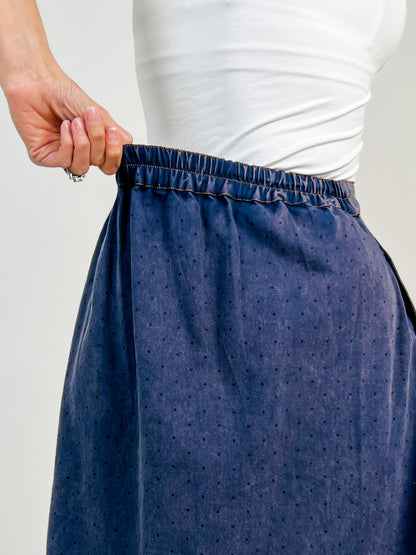 Washed Polka Dot Printed Denim Midi Skirt