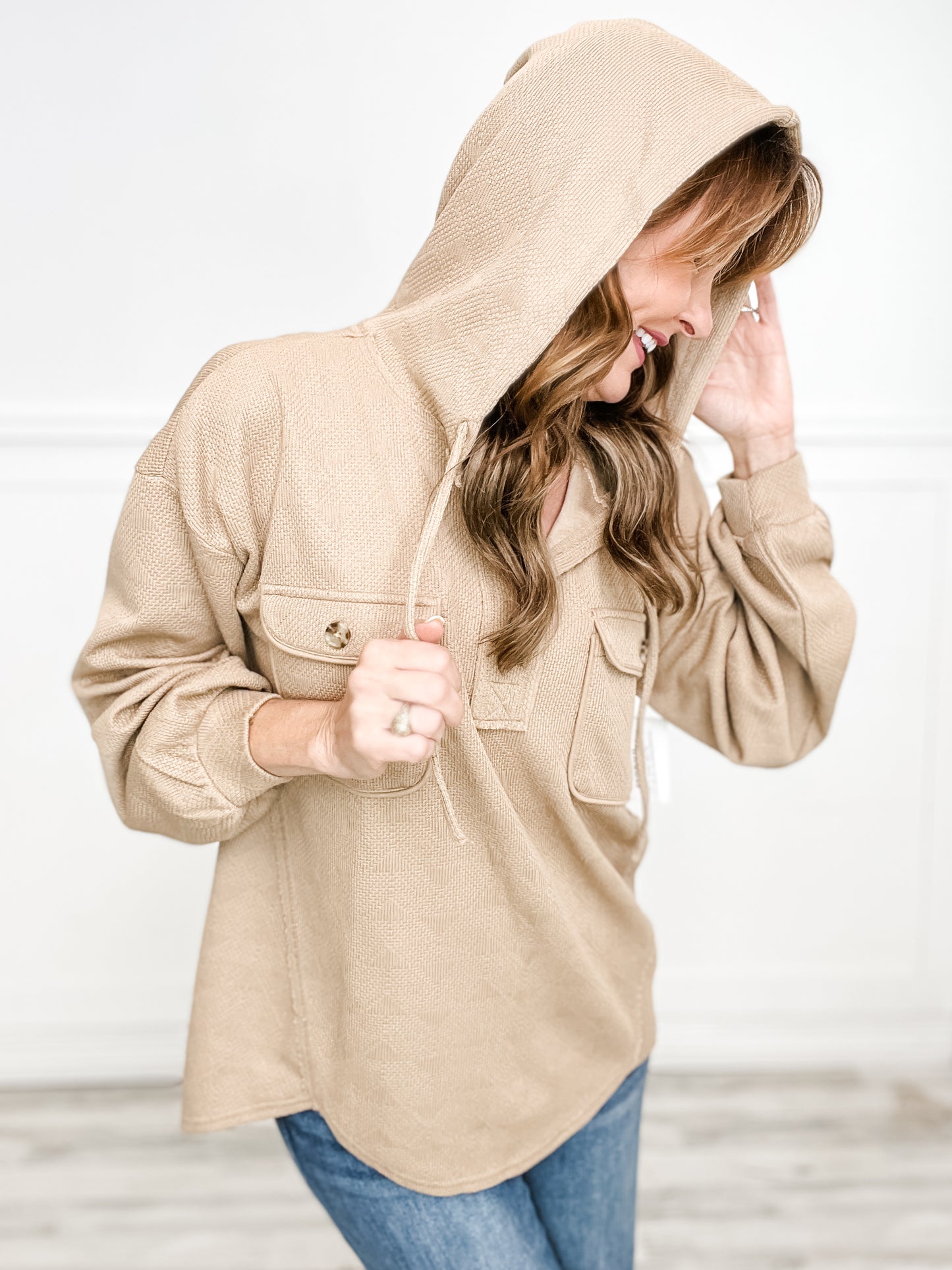 Oversized Hoodie Knit Top With Patch Pockets