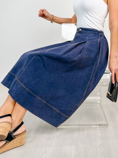 Washed Polka Dot Printed Denim Midi Skirt