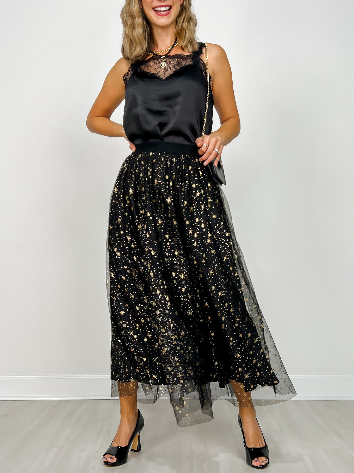 Mesh Gold Detail Star Printed Long Skirt