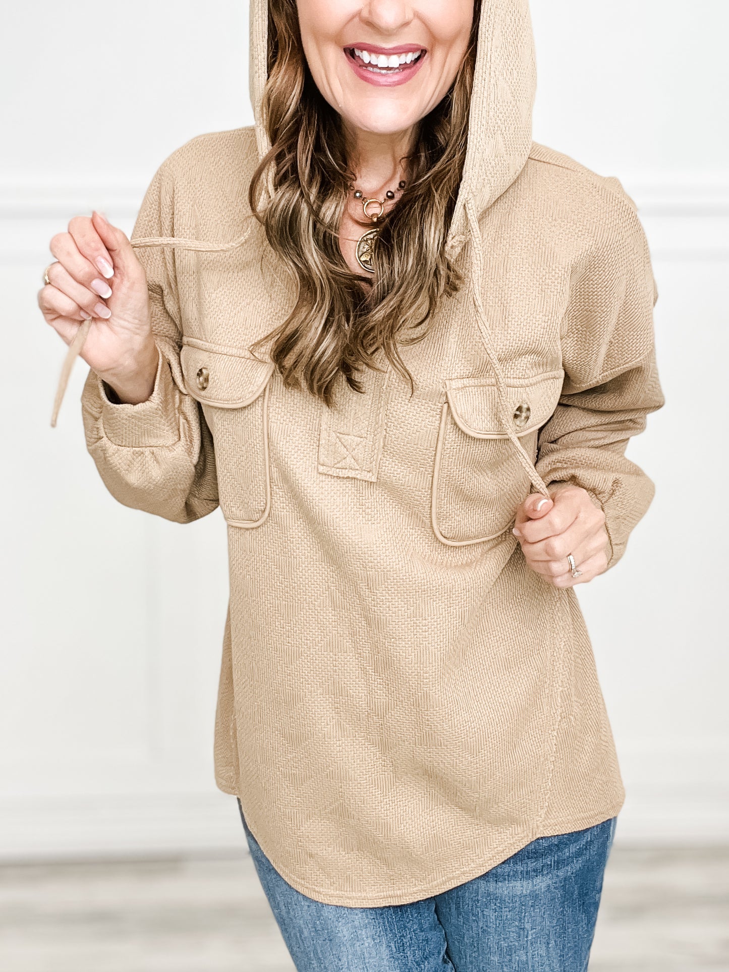 Oversized Hoodie Knit Top With Patch Pockets