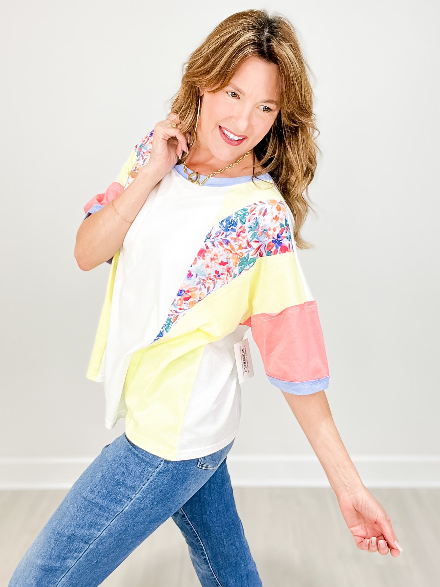 Relaxed Fit Color Block Short Sleeve Top