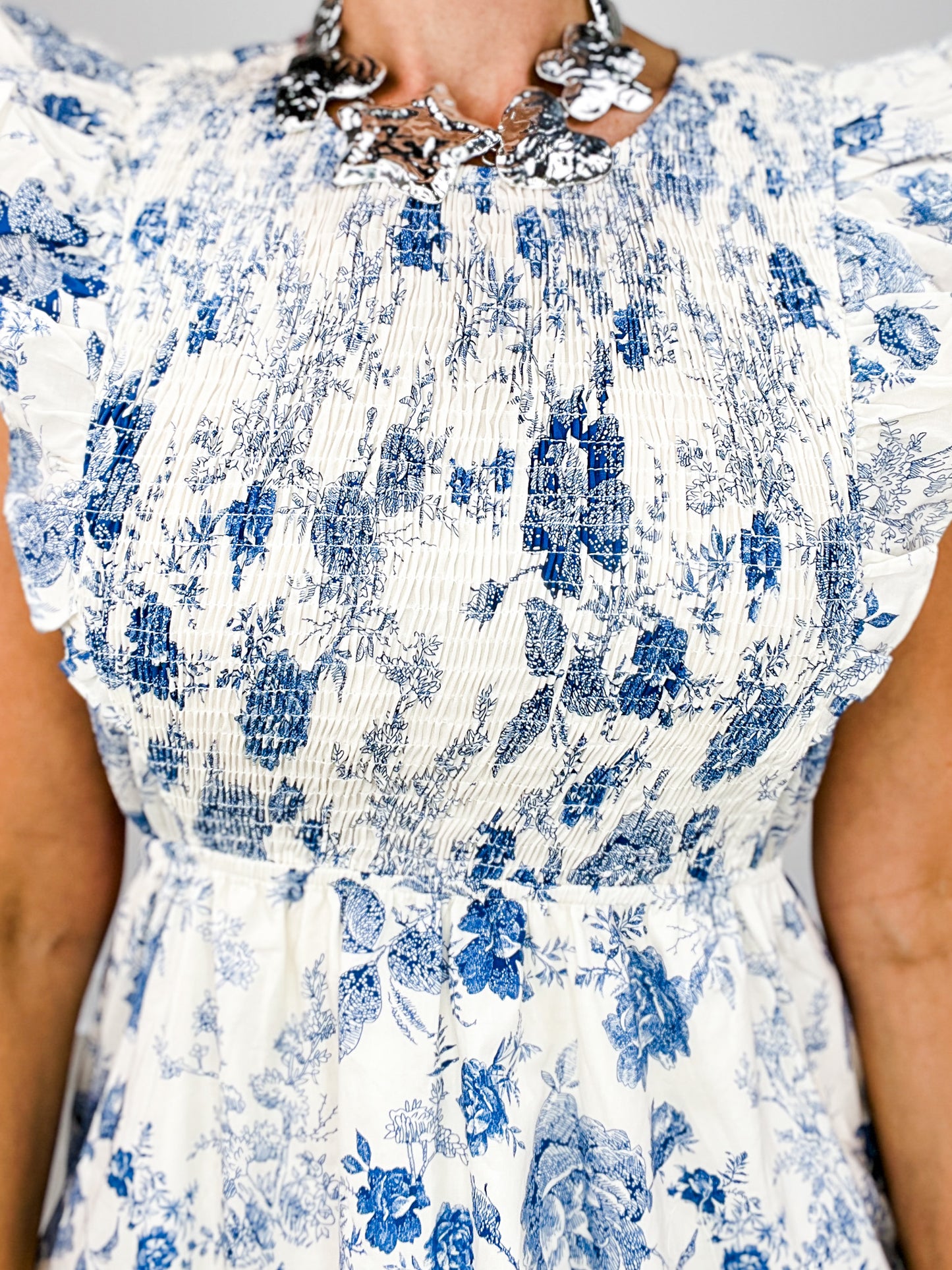 Antique Floral Smock And Ruffle Dress