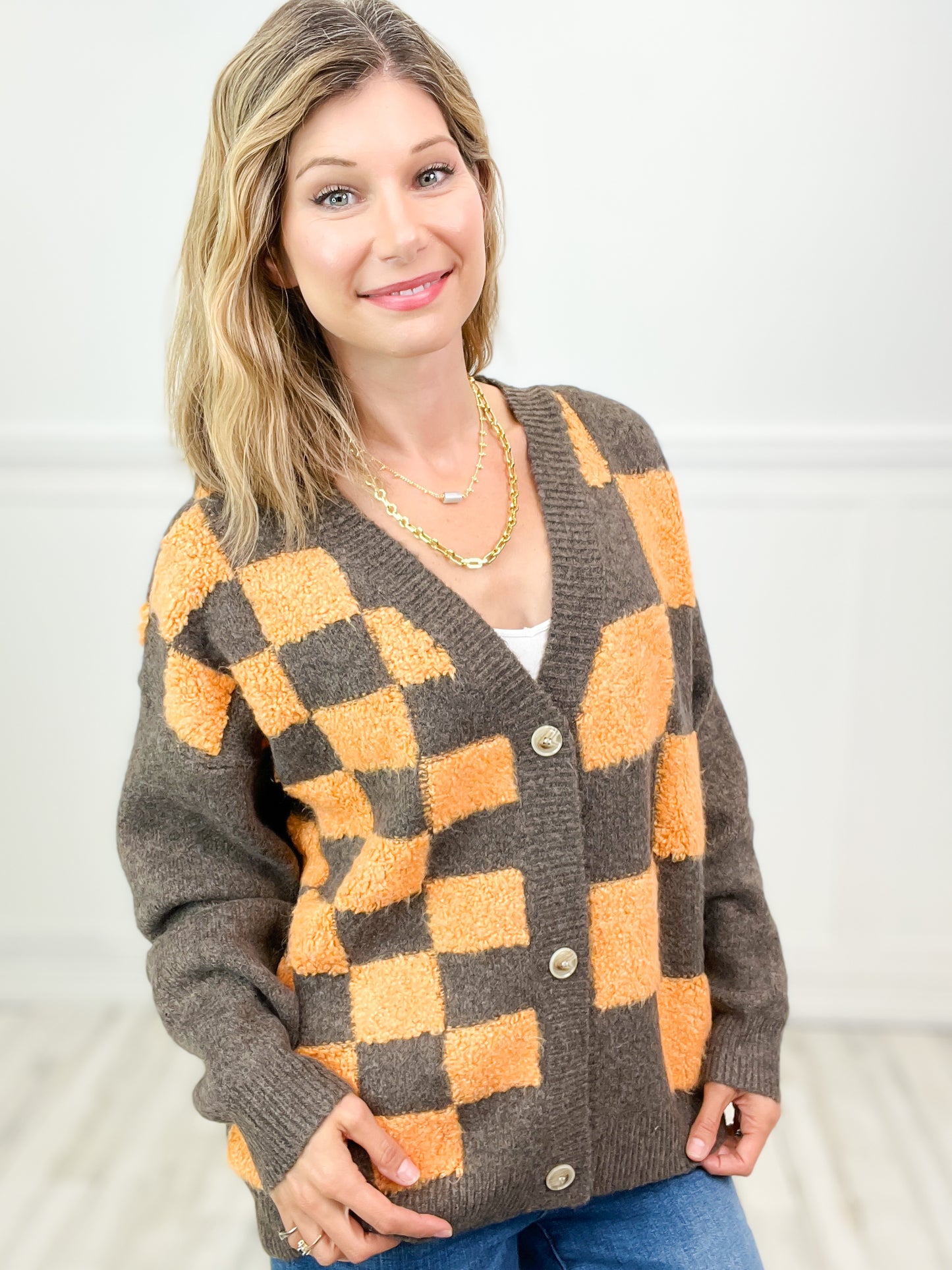 Checkerboard Long Sleeve Knit Cardigan Sweater Top