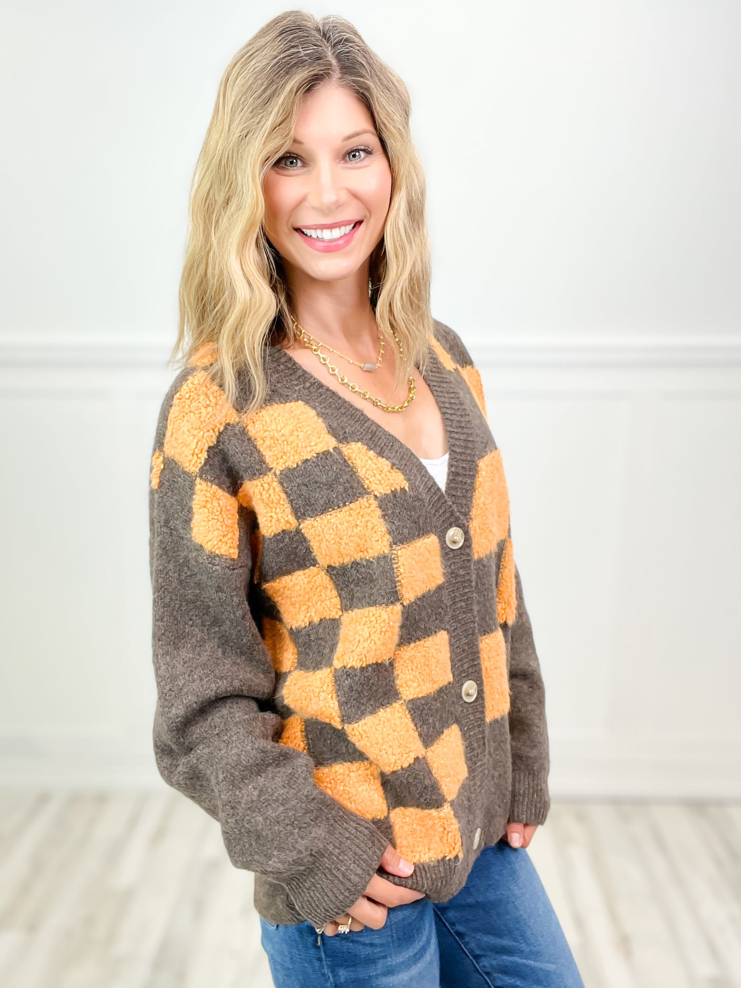 Checkerboard Long Sleeve Knit Cardigan Sweater Top