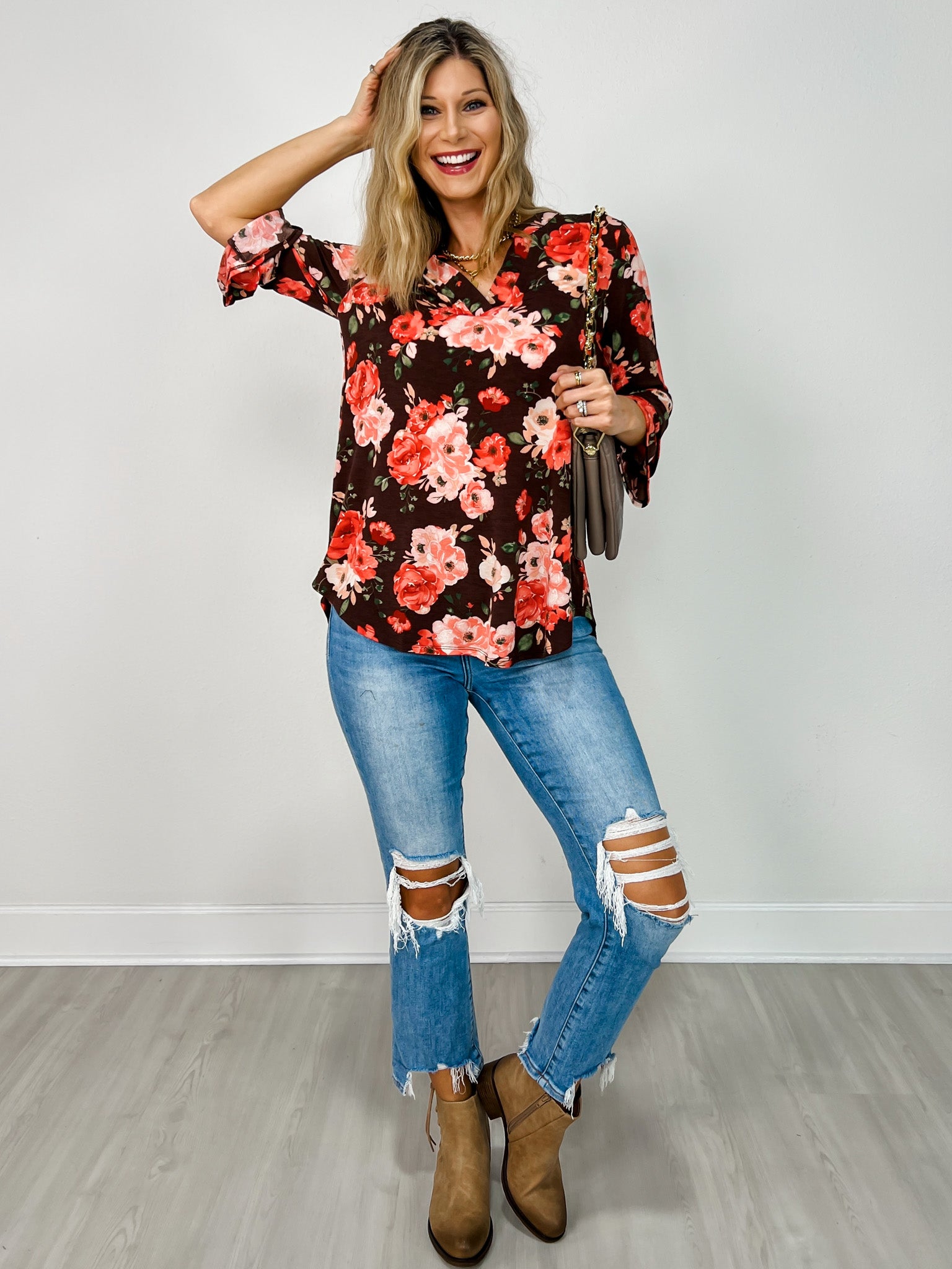 Lizzy 3/4 Bell Sleeve Top in Chocolate Floral