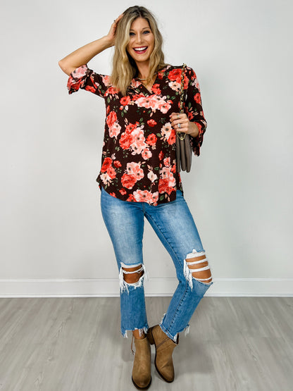 Lizzy 3/4 Bell Sleeve Top in Chocolate Floral