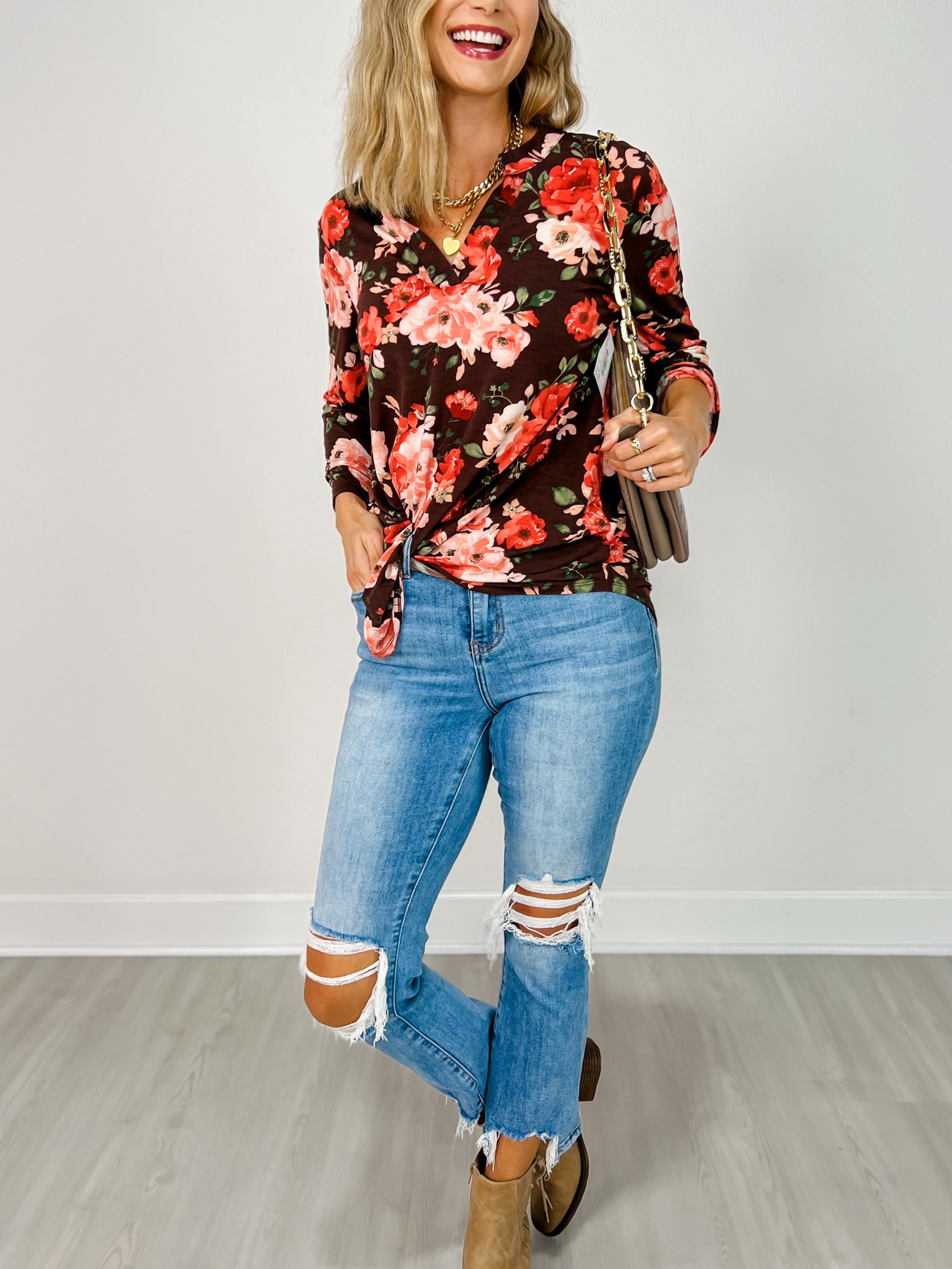 Lizzy 3/4 Bell Sleeve Top in Chocolate Floral