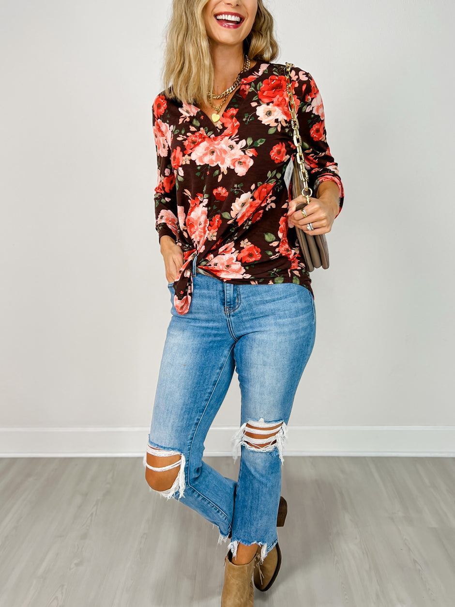 Lizzy 3/4 Bell Sleeve Top in Chocolate Floral