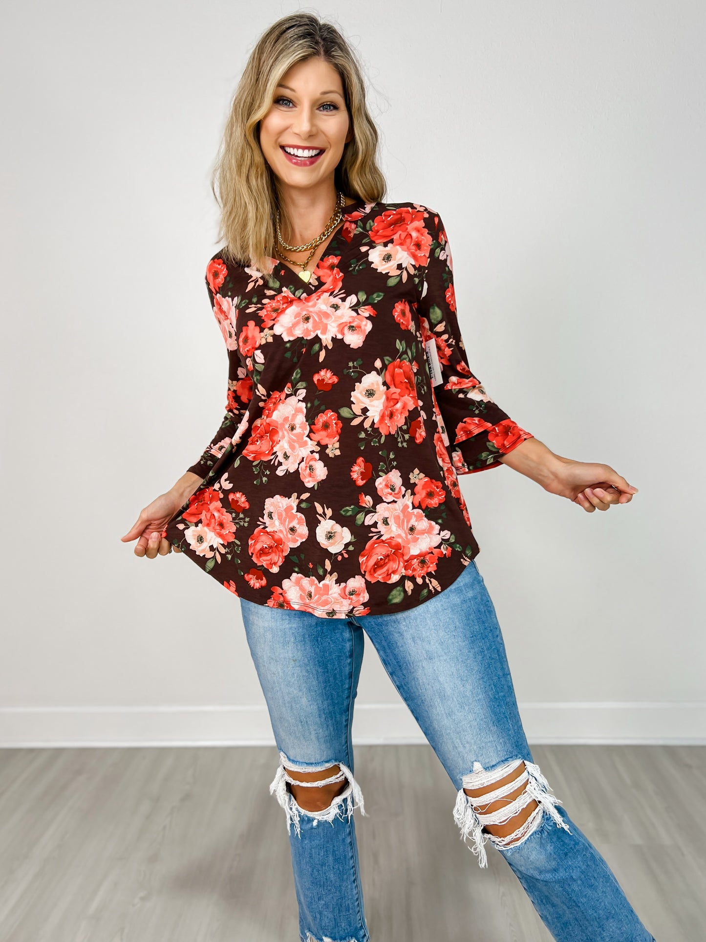 Lizzy 3/4 Bell Sleeve Top in Chocolate Floral