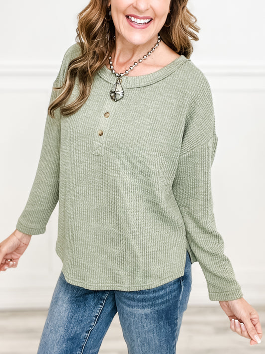 WAFFLE KNIT HENLEY LONG SLEEVE KNIT TOP