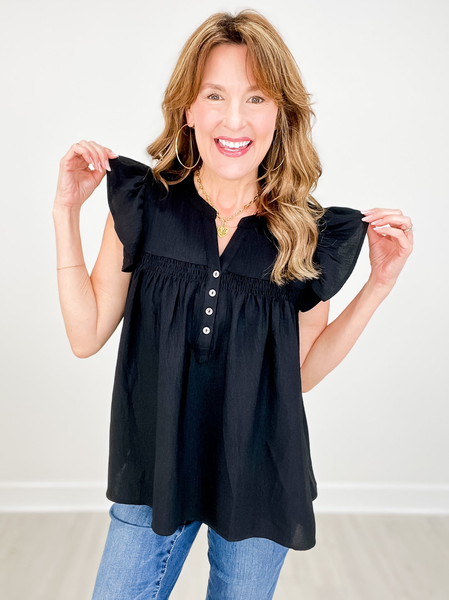 Solid Airflow Top With Flutter Sleeve and Button V-Neckline