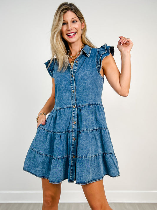 Ruffle Sleeve Button Down Tiered Denim Dress