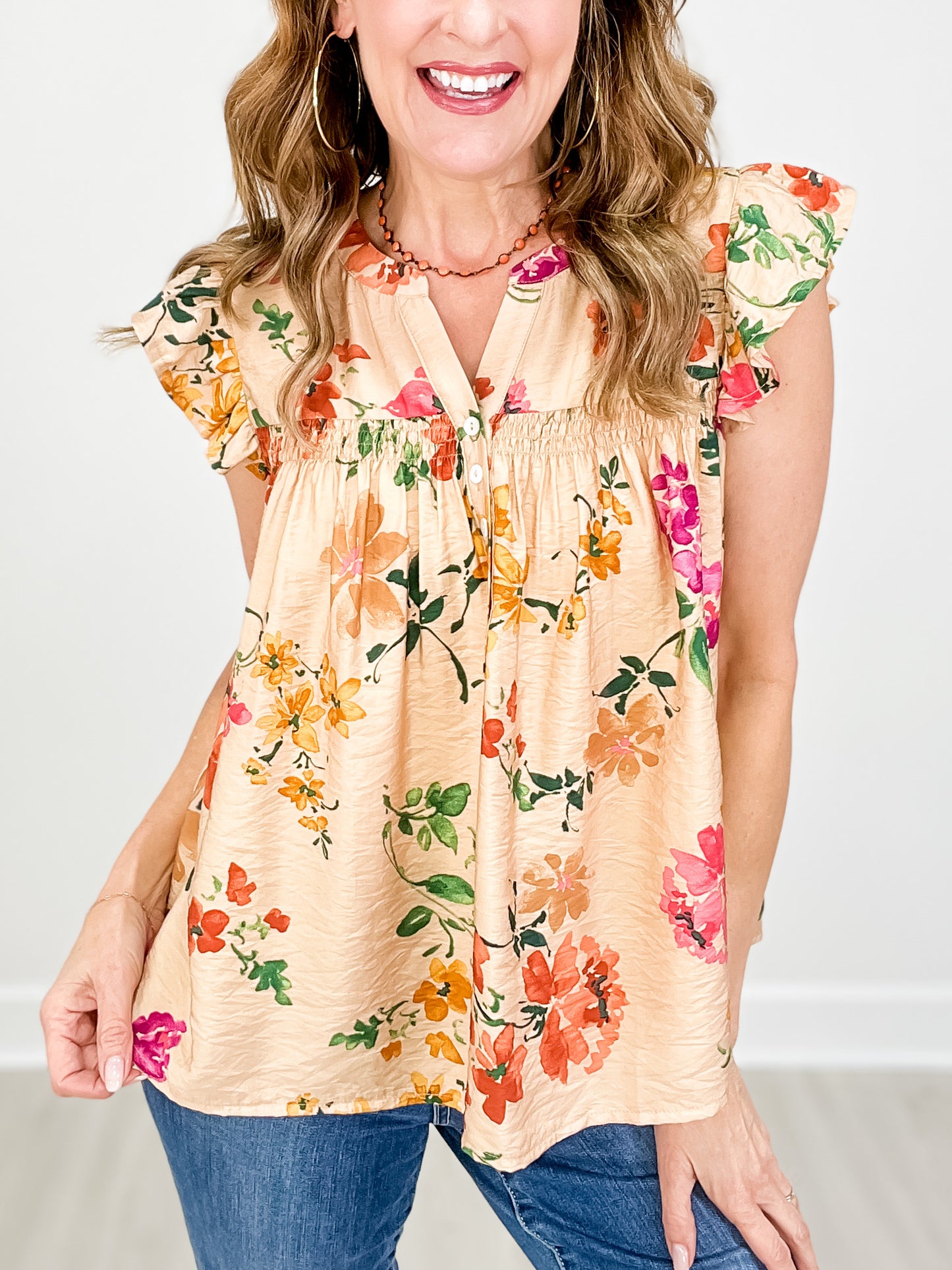 Floral Printed Round Neck with Button Flutter Sleeve Top