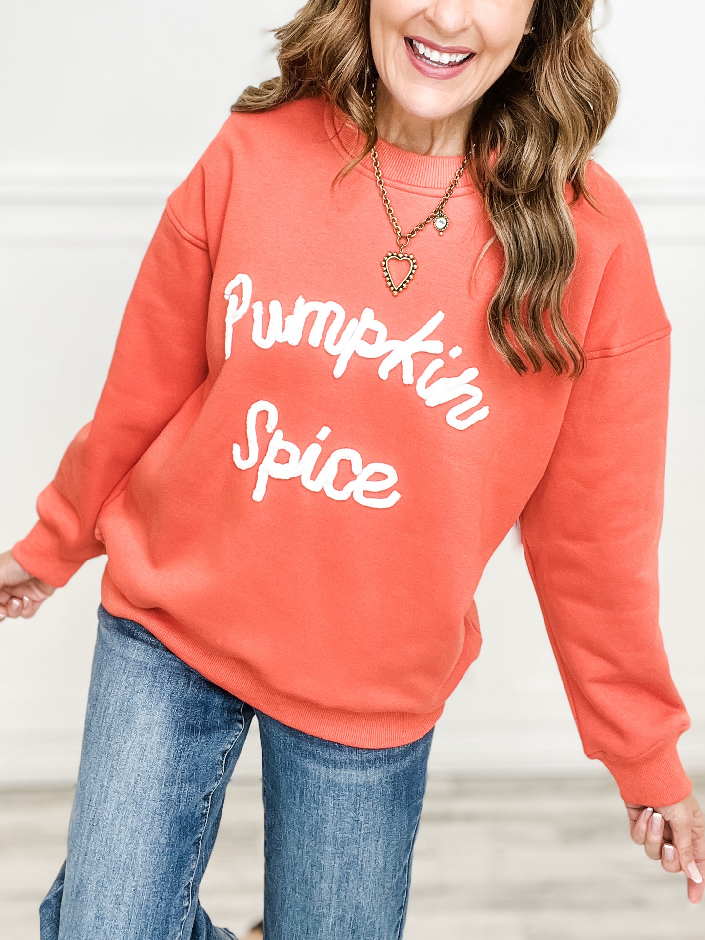 'PUMPKIN SPICE' EMBROIDERED CHENILLE SWEATSHIRT