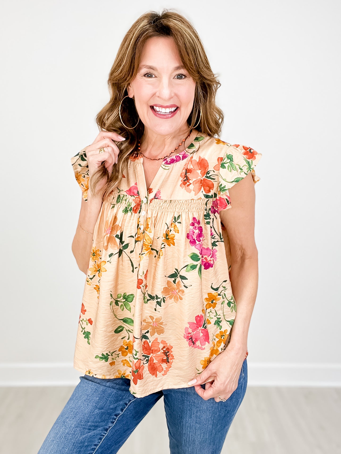 Floral Printed Round Neck with Button Flutter Sleeve Top