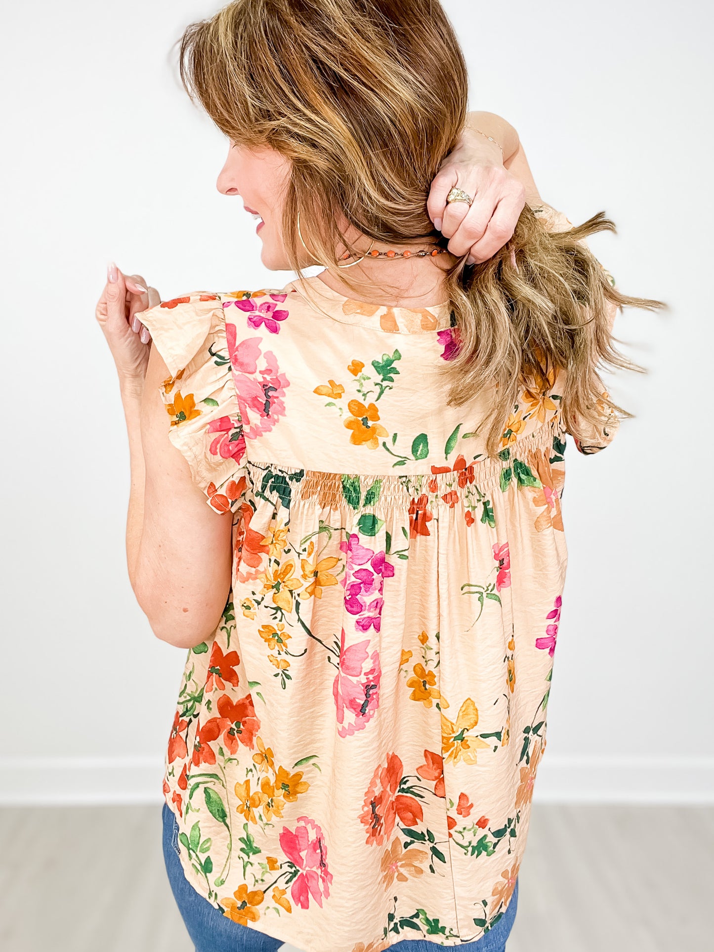 Floral Printed Round Neck with Button Flutter Sleeve Top