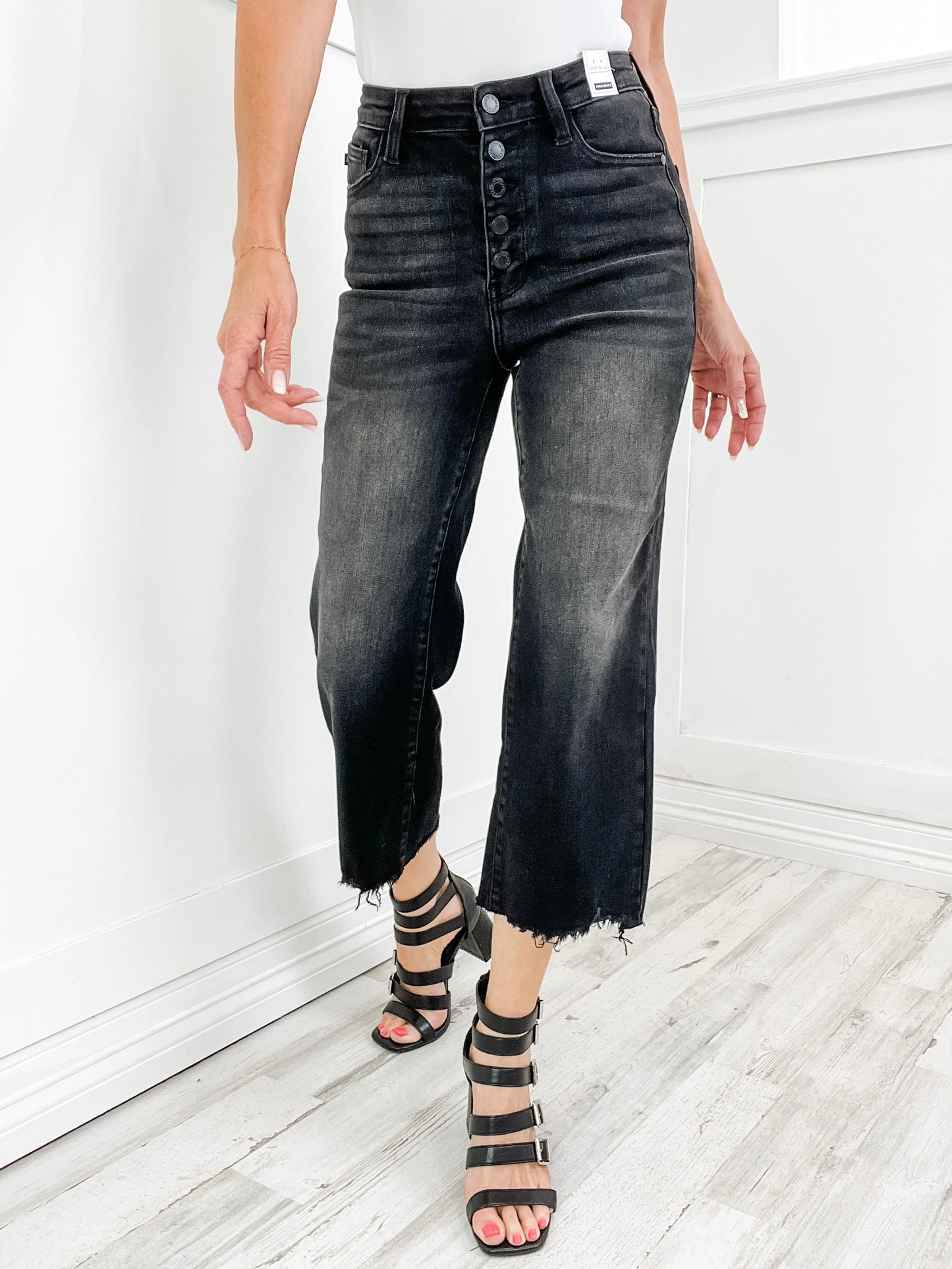 Judy Blue ROWAN Hi-Rise Raw Hem Cropped Button Fly Black Denim Jeans