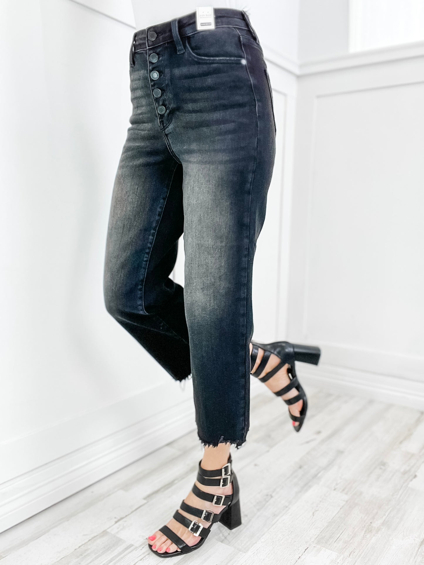 Judy Blue ROWAN Hi-Rise Raw Hem Cropped Button Fly Black Denim Jeans