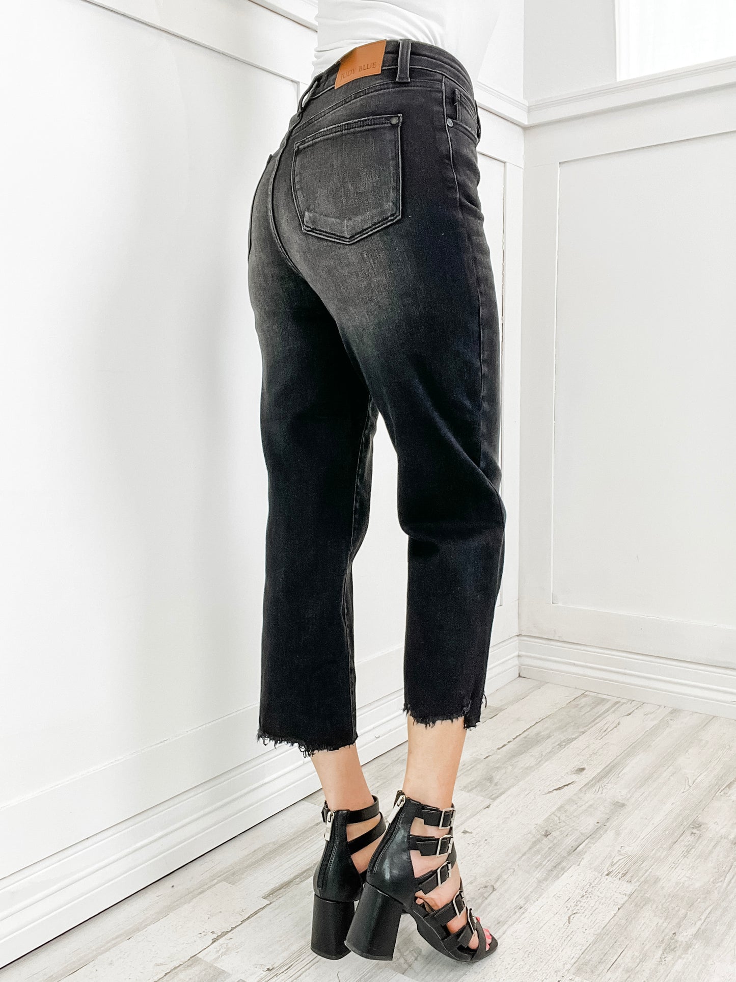 Judy Blue ROWAN Hi-Rise Raw Hem Cropped Button Fly Black Denim Jeans