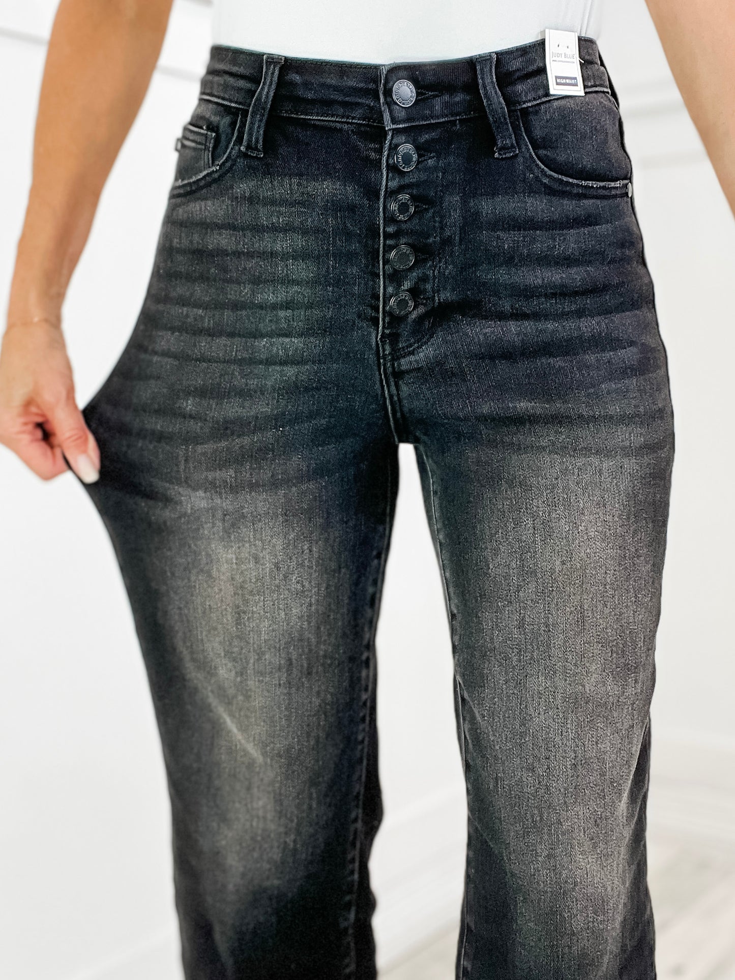 Judy Blue ROWAN Hi-Rise Raw Hem Cropped Button Fly Black Denim Jeans