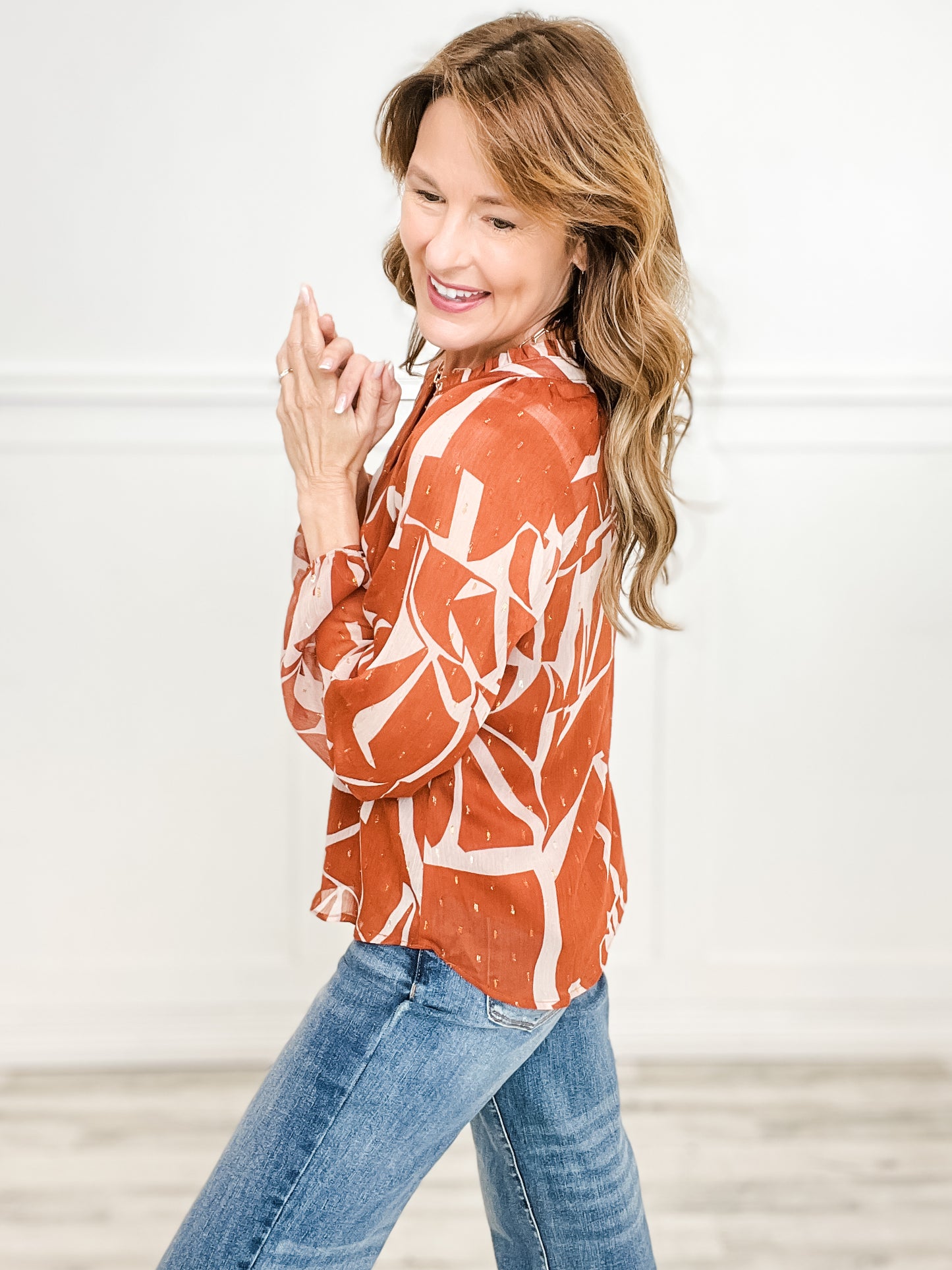 LONG SLEEVE V-NECK RUFFLE DETAIL ABSTRACT TOP