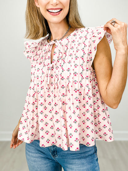 Floral Bow Detail Ruffle Short Sleeve Pleated Top