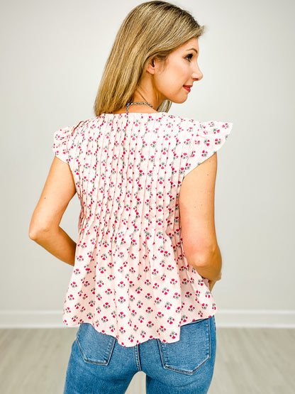 Floral Bow Detail Ruffle Short Sleeve Pleated Top