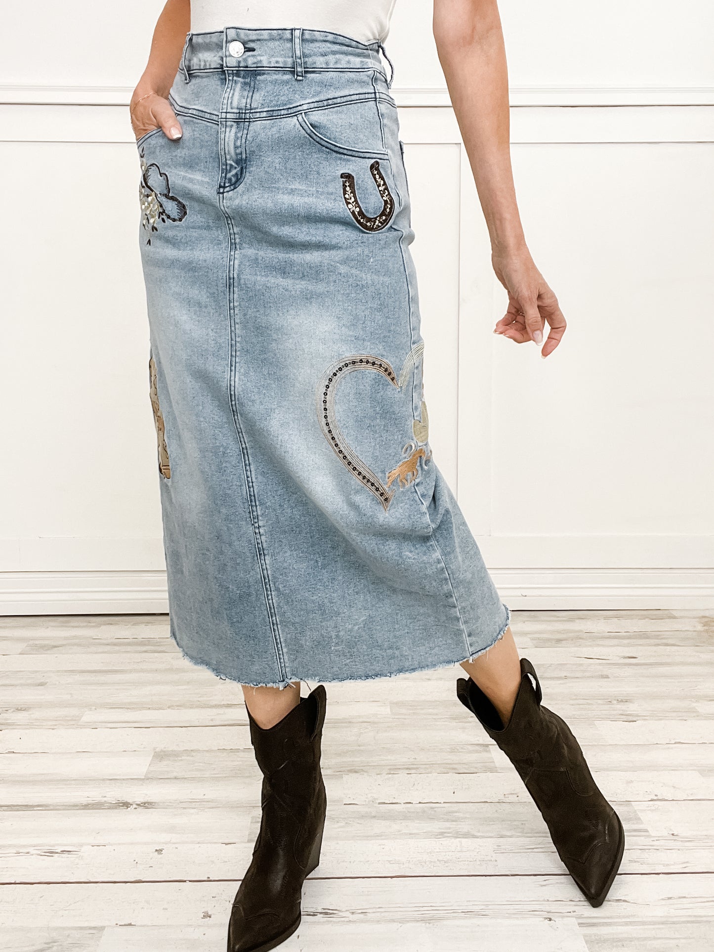 Western Embroidered Embellished Midi Denim Skirt