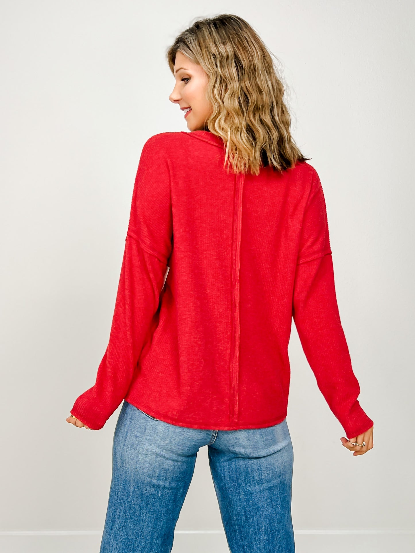 Ribbed V-neck Drop Shoulder Top