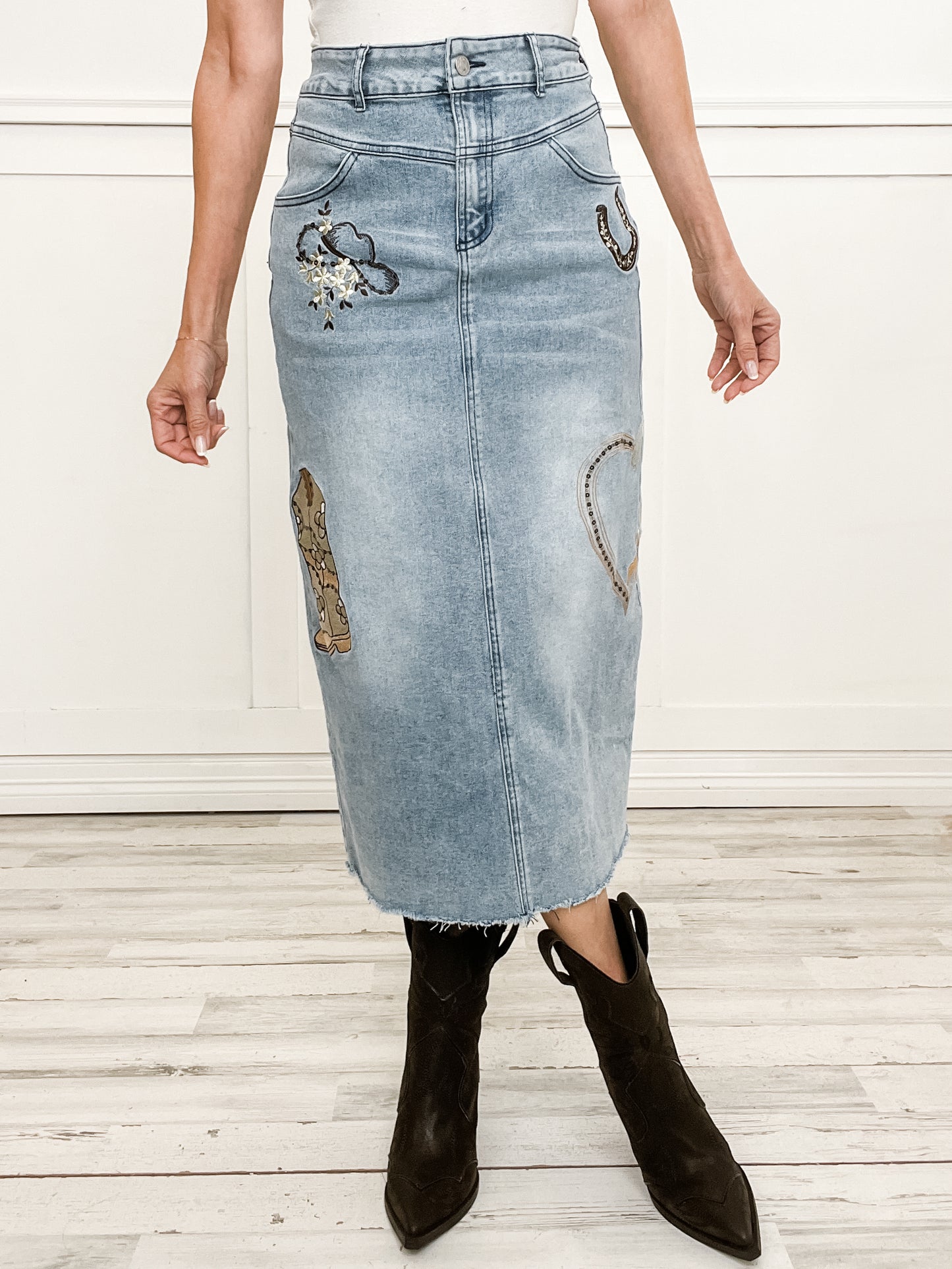 Western Embroidered Embellished Midi Denim Skirt